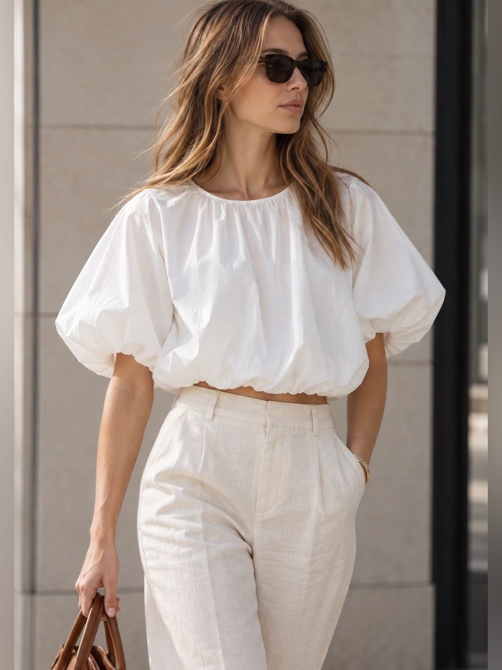 Zara White Bubble Hem Short Sleeve Blouse